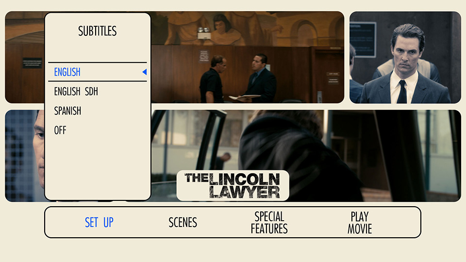 Lincoln Lawyer Blu-ray Set Up Menu Design