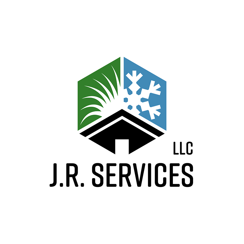 J.R. Services logo design. It is a hexagon with house, grass, and snowflake elements.