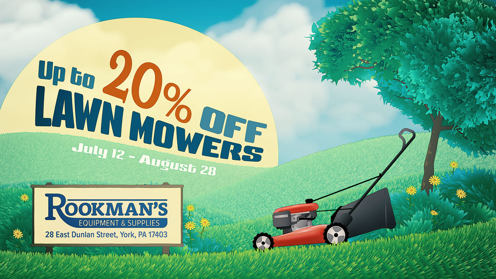 Colorful lawn mower ad designed in Illustrator. It features a red lawn mower, a sign for a fictitious company, green grassy hills, and the text 'Up to 20% off Lawn Mowers'.