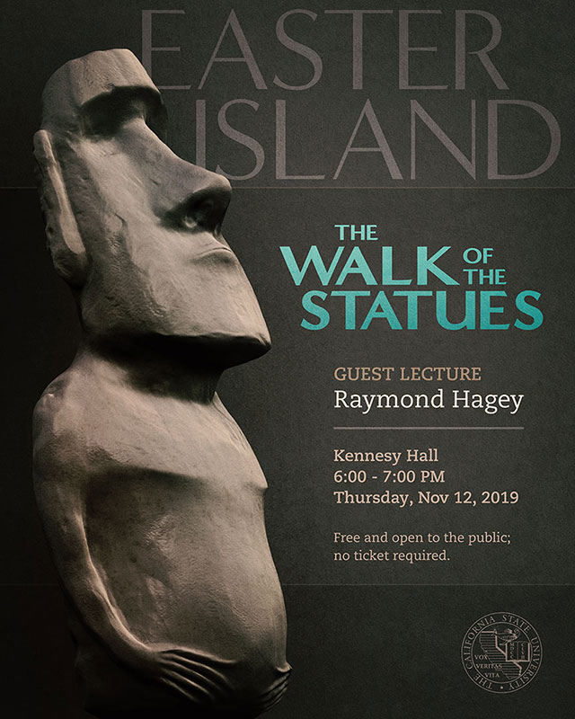 Poster for a lecture about how the Easter Island statues were moved. It is titled 'The Walk of the Statues. It features an Easter Island Moai statue that was created in ZBrush.